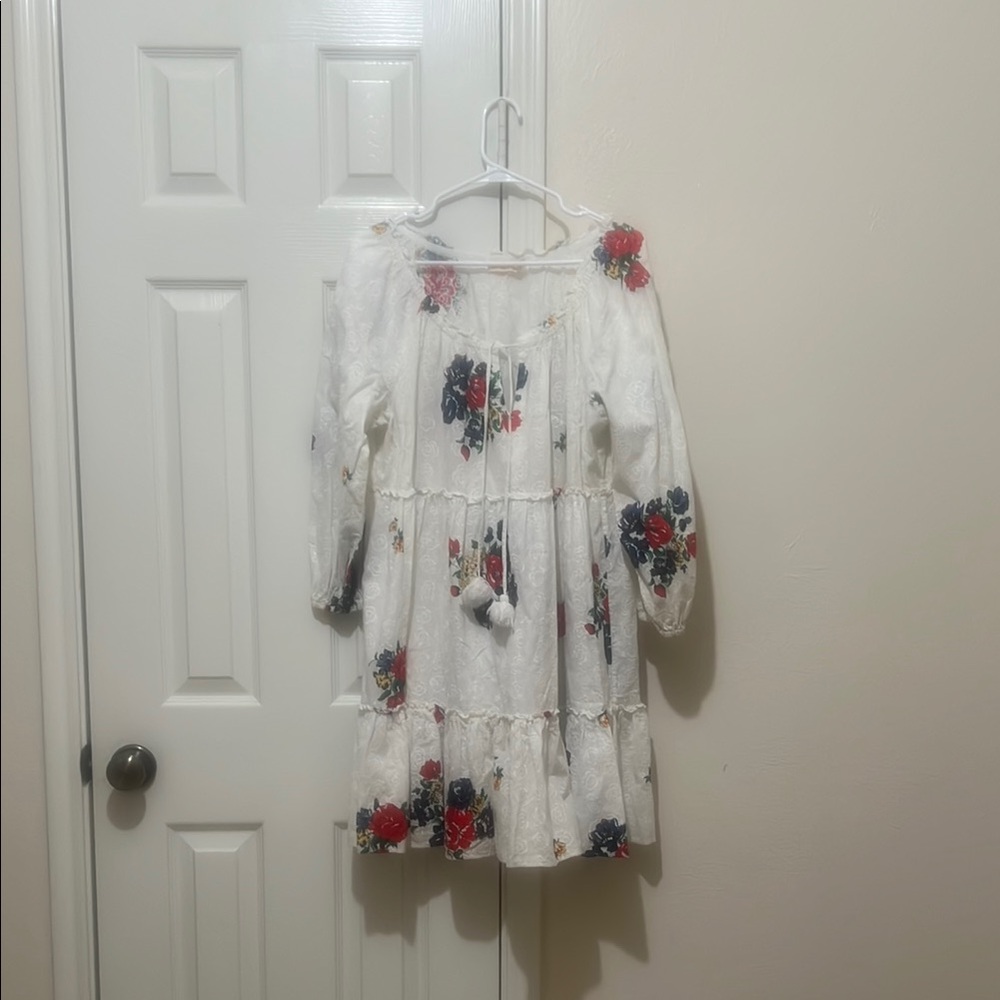 Tory Burch Floral Embroidered Dress - White with Red and Blue Accents